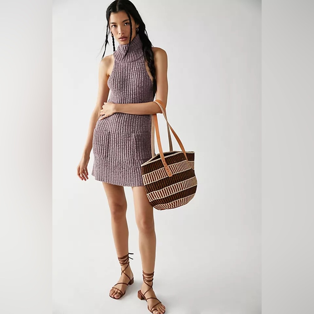 NWT Free People Claude Mini Sweater Dress in Brandy Wine Combo Purple - Large